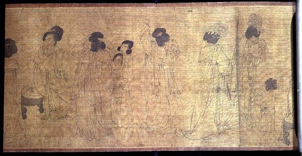 Palace Ladies at Leisure Handscroll, detail dam připravujících se vyrazit, podle originálu od Wen-chu Chou (fl.970) období Southern Sung, kolem 1140 (inkoust a pigment na hedvábí) (viz také 114250) od School Chinese