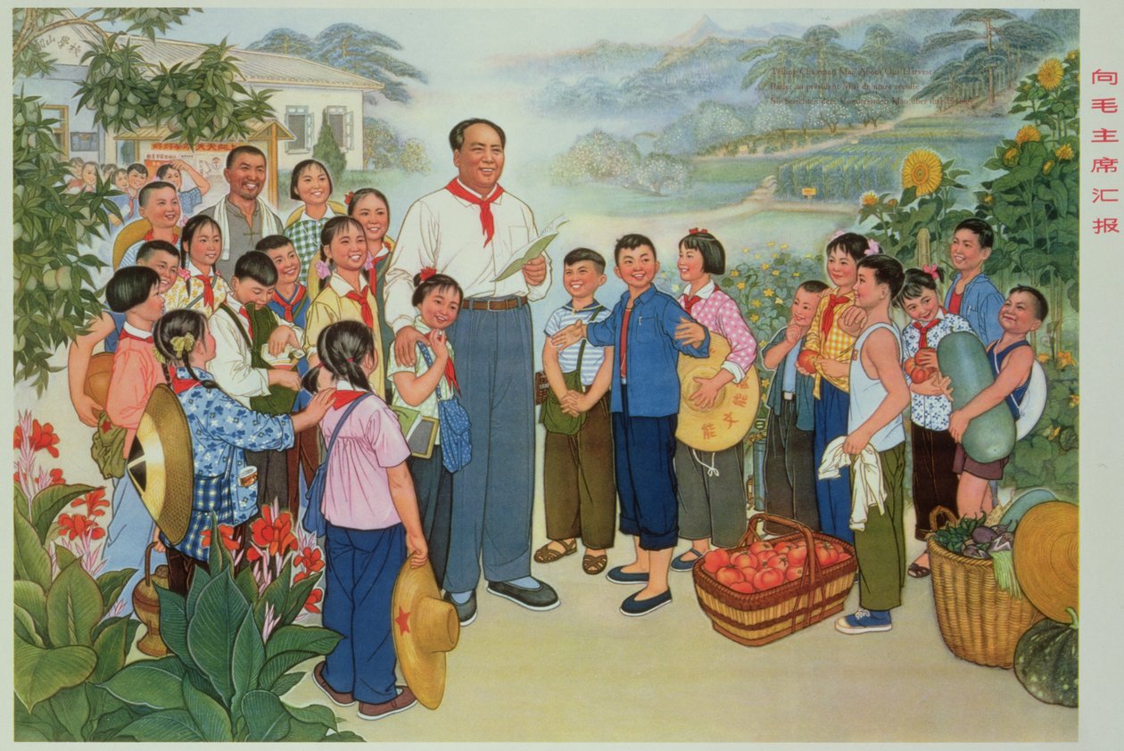 "Hlášení naší sklizně předsedovi Maovi", propagandistický plakát z období čínské kulturní revoluce od School Chinese