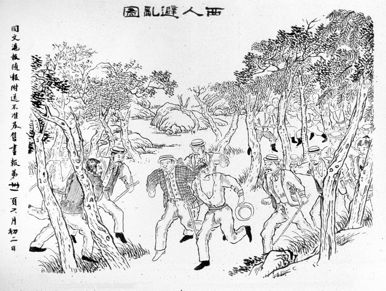 Boxerské povstání: Evropané bojující proti boxerům. Ilustrace publikovaná v Shanghai Journal Toung-Ouen-Hou-Pao. circa 1899. od School Chinese