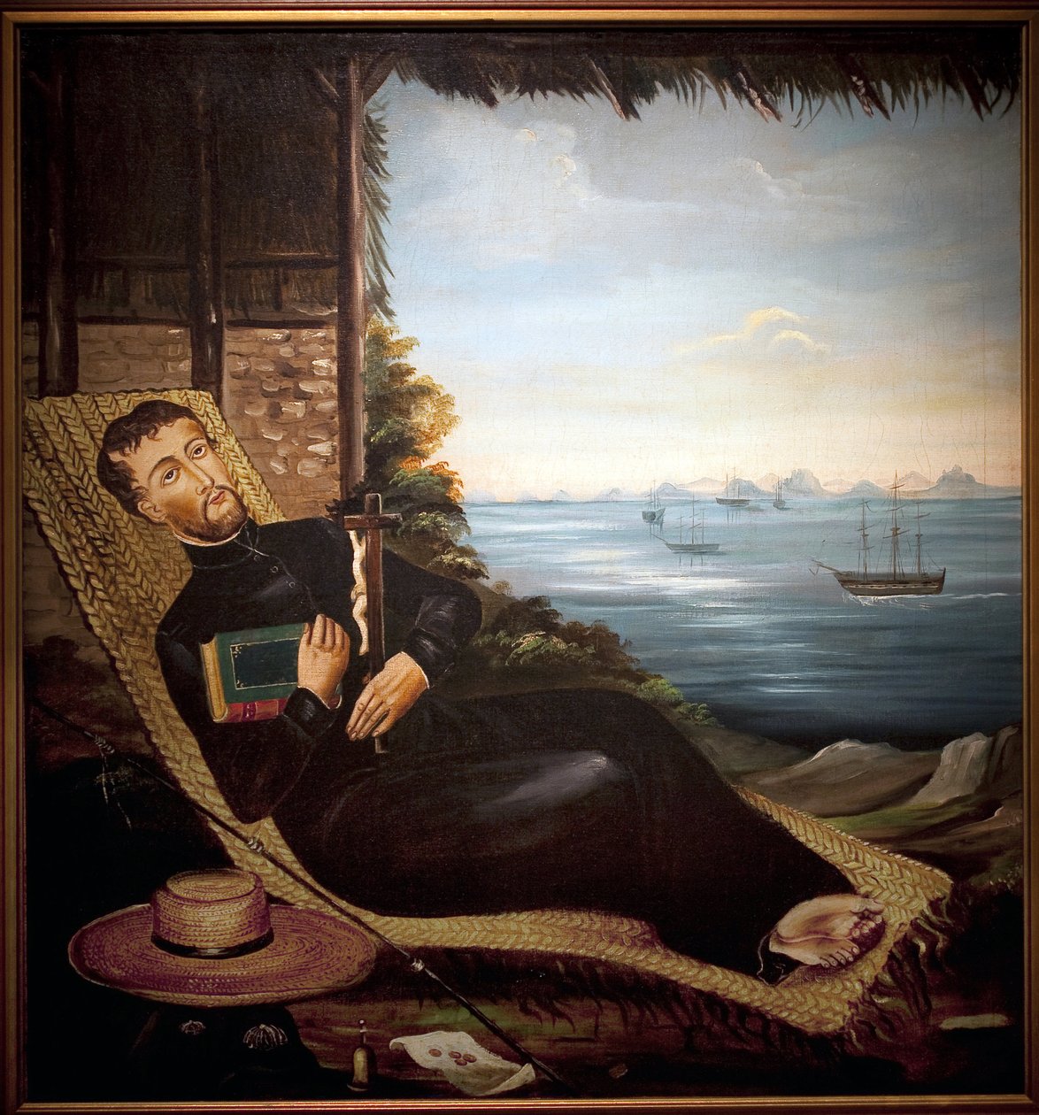 Saint Francois Xavier odpočívá před zálivem Hong Kong (Čína). Obraz hongkongské dílny, olej na plátně, kolem roku 1850. Muzeum Port Louis. od School Chinese
