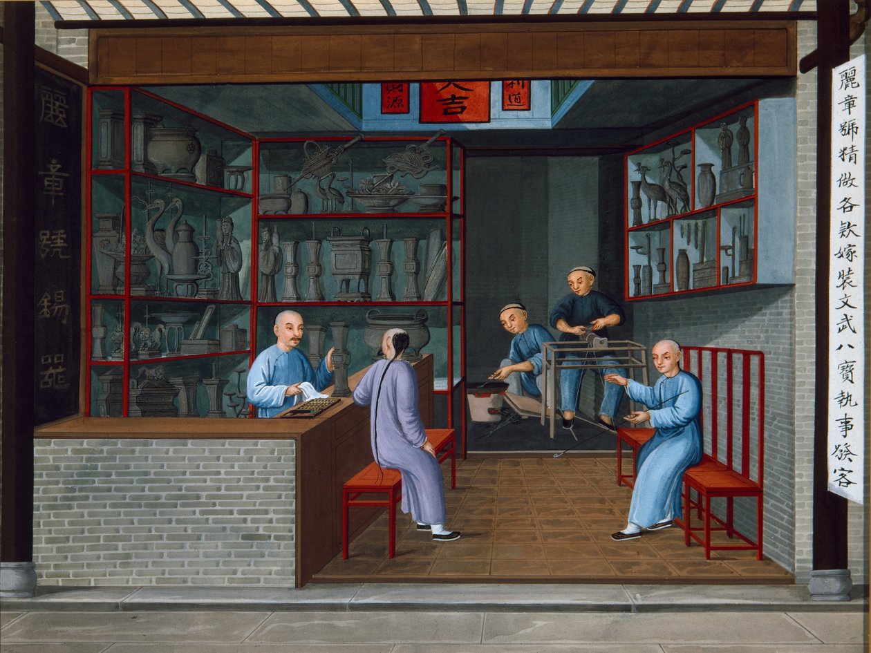 Prodej kovového náčiní Tuttenage, cca 1825 (kvaš na papíře) od School Chinese