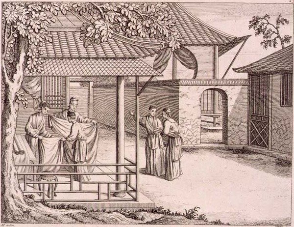 „Prodej hedvábí poté, co je tkané“, Čína, konec 18. století (dřevořez) od School Chinese