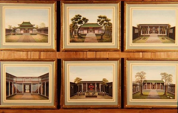 Sada šesti čínských pavilonů a scén na nádvoří, cca 1780 (akvarel) od School Chinese