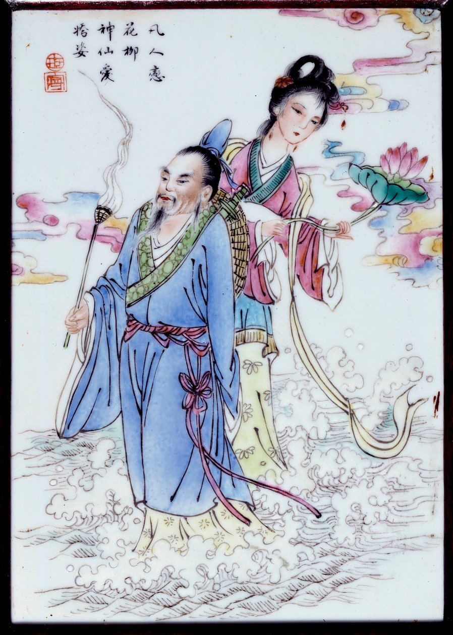 Letní alegorie Žena držící květ lilie a muž držící vonný prsten procházející sprejem. Malba na anonymní porcelán. Soukromá sbírka z 18. století od School Chinese