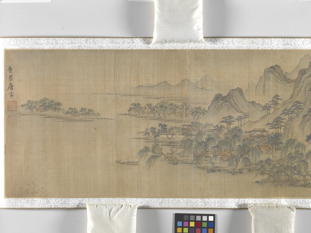 Cestovatelé ve vesnici na břehu řeky, datum neznámé (tuš a barva na hedvábí) od School Chinese