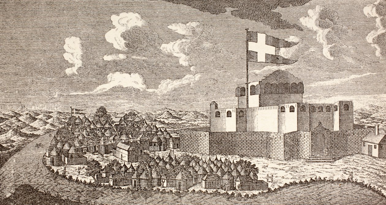 Dánská koloniální pevnost Fredensborg, Ningo, Ghana, jak vypadala v roce 1760, z knihy "Afrika, dets Opdagelse, Erobring og Kolonisation", vydané v roce 1901 v Kodani (litografie). od School Danish