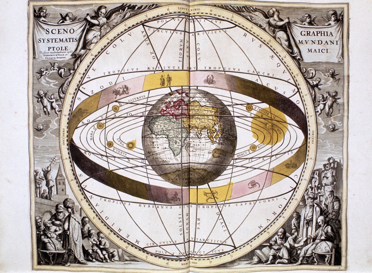 Ptolemaiovský, geocentrický systém vesmíru se soustředěním na Zemi, znázorňující polohu Slunce, Měsíce a planet, z knihy "Harmonia Macrocosmica" od Andrease Cellaria, Amsterdam. od School Dutch