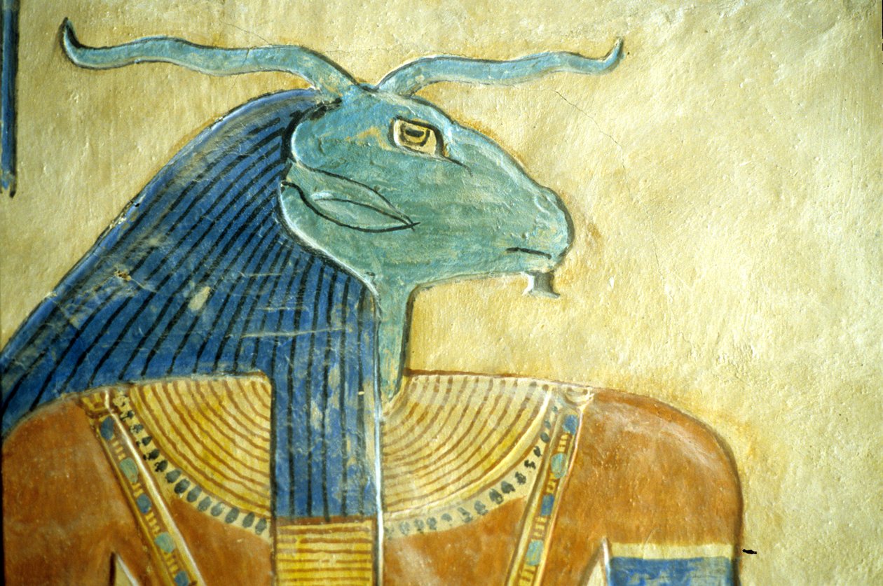 Starověký Egypt, Řezbářství/malířství, Bůh podsvětí s beraní hlavou, hrobka Amon hir Khopshet, Théby, 20. dyn (foto) od School Egyptian
