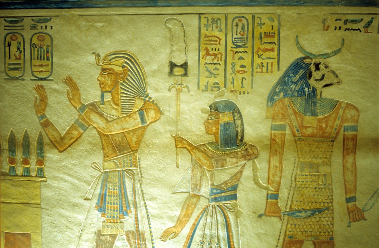 Starověký Egypt, malba/řezba, Amon hir Khopshef Tomb, Ramesse III. se svým synem Amon-Hirem nesoucím standartu od School Egyptian
