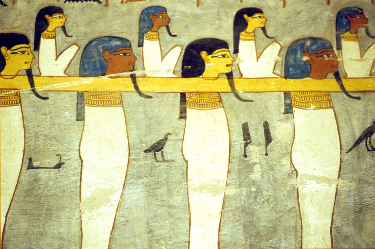 Starověký Egypt, malba, bohové podsvětí přivázaní k Hathor, božská kráva, tažení sluneční bárky, hrobka Ramesse I., Théby od School Egyptian