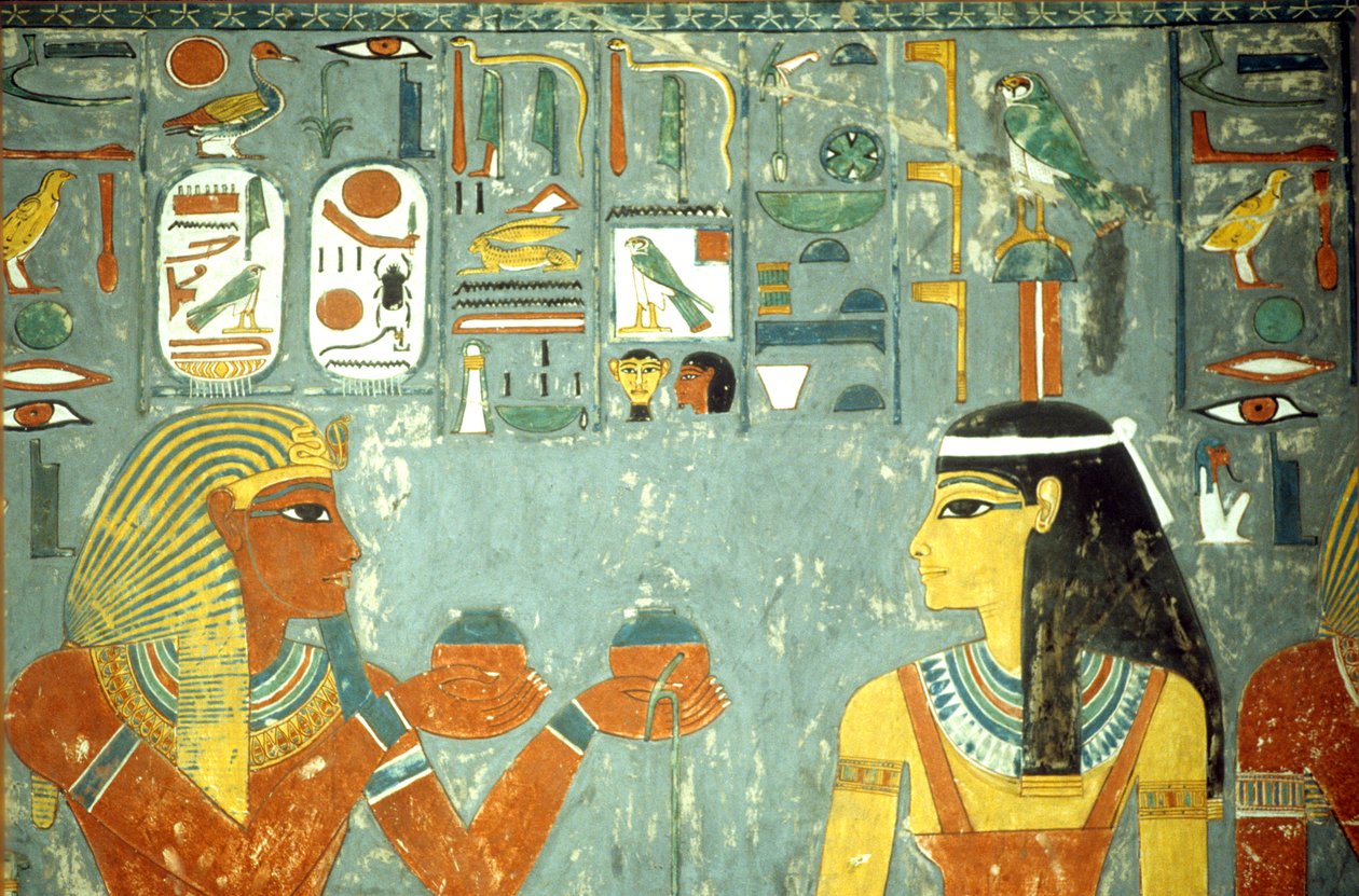 Starověký Egypt, malba, Horemheb nabízející masti Hathor, Horemhebova hrobka, Théby od School Egyptian
