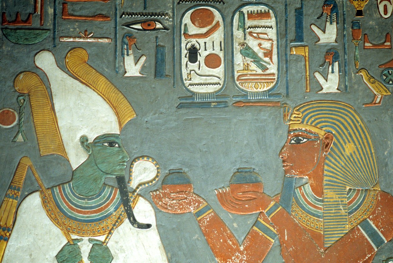 Starověký Egypt, malba, Horemheb nabízející masti Osirisovi, Horemhebova hrobka, Théby od School Egyptian