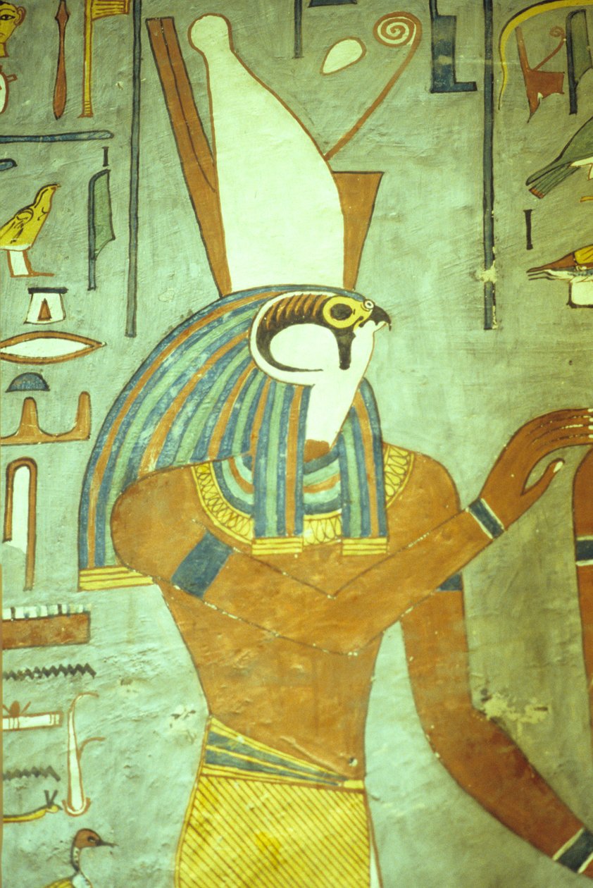 Starověký Egypt, malba, Horus, bůh se sokolí hlavou, bůh králů, hrobka Ramesse I., Théby od School Egyptian