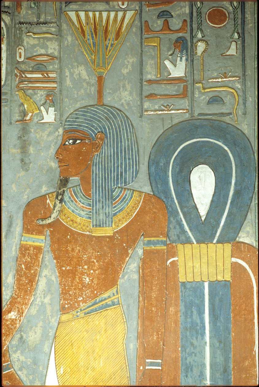 Starověký Egypt, malba, Horemhebova hrobka, Théby 18. dynastie, bůh Nefertum a Isidin uzel, Nefertum nebo Nefertem s čelenkou z leknínu nebo lotosu (foto) od School Egyptian