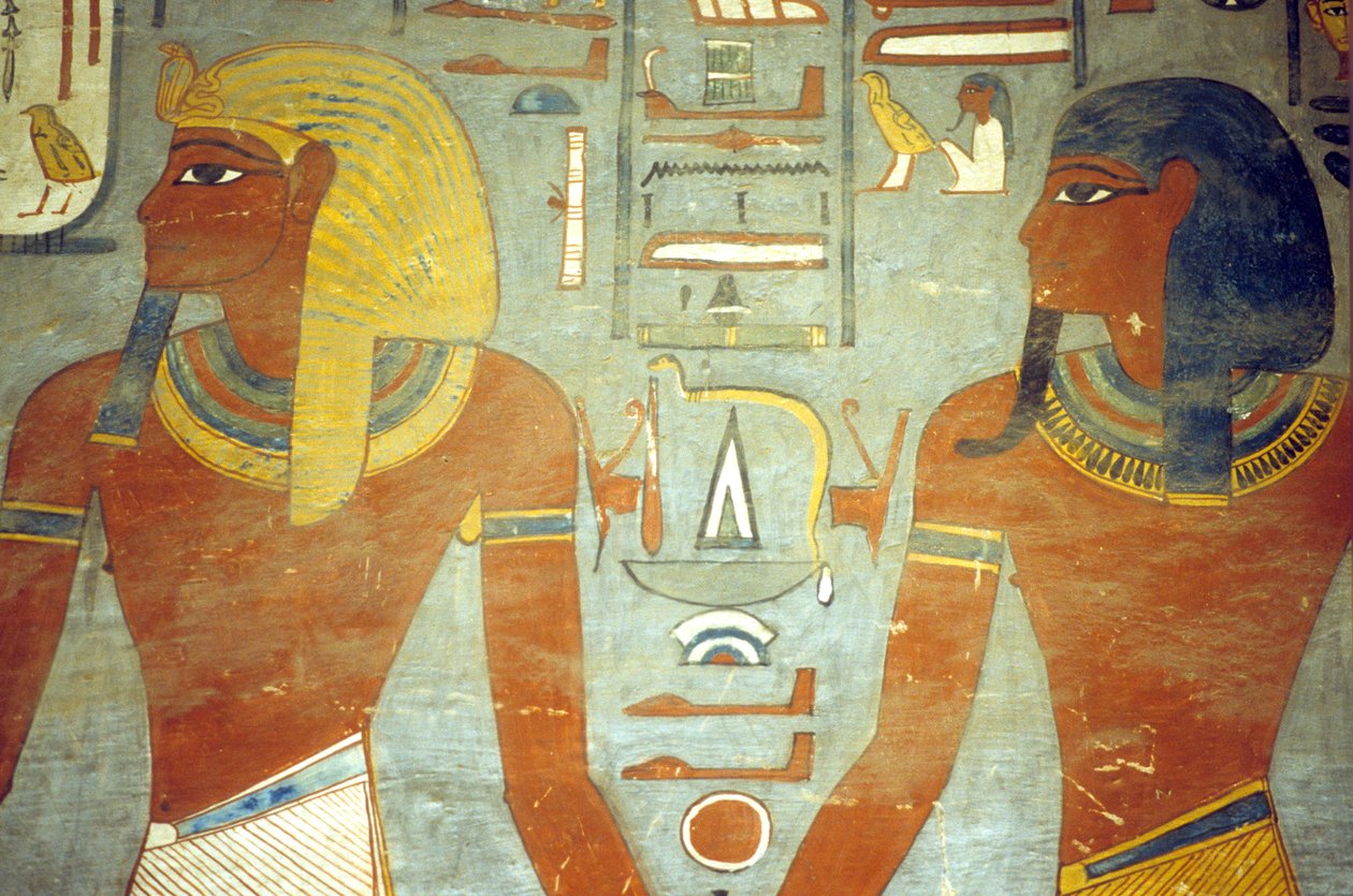 Starověký Egypt, malba, hrobka Ramesse I., Ramesse I. s bohem Harsiesisem od School Egyptian
