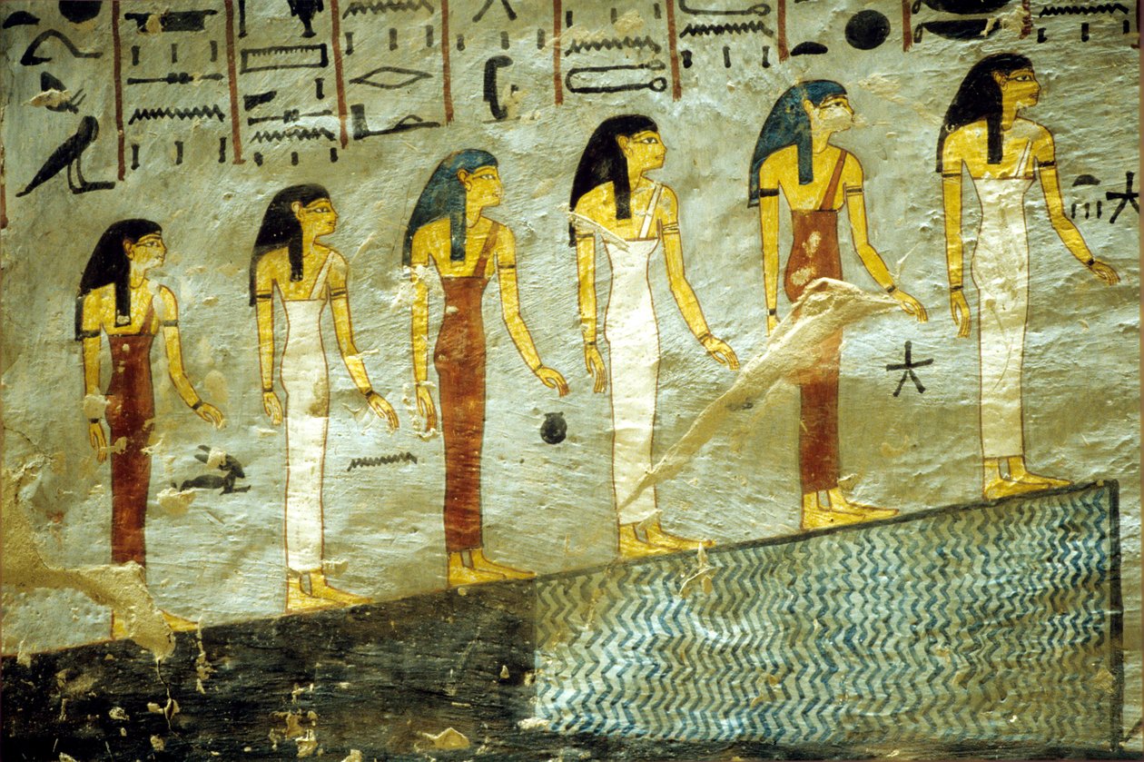 Starověký Egypt, malba, Hrobka Ramesse I., Théby, Šest bohyň představujících prvních šest hodin noci, vystupujících na horu, pod níž je jezírko. od School Egyptian