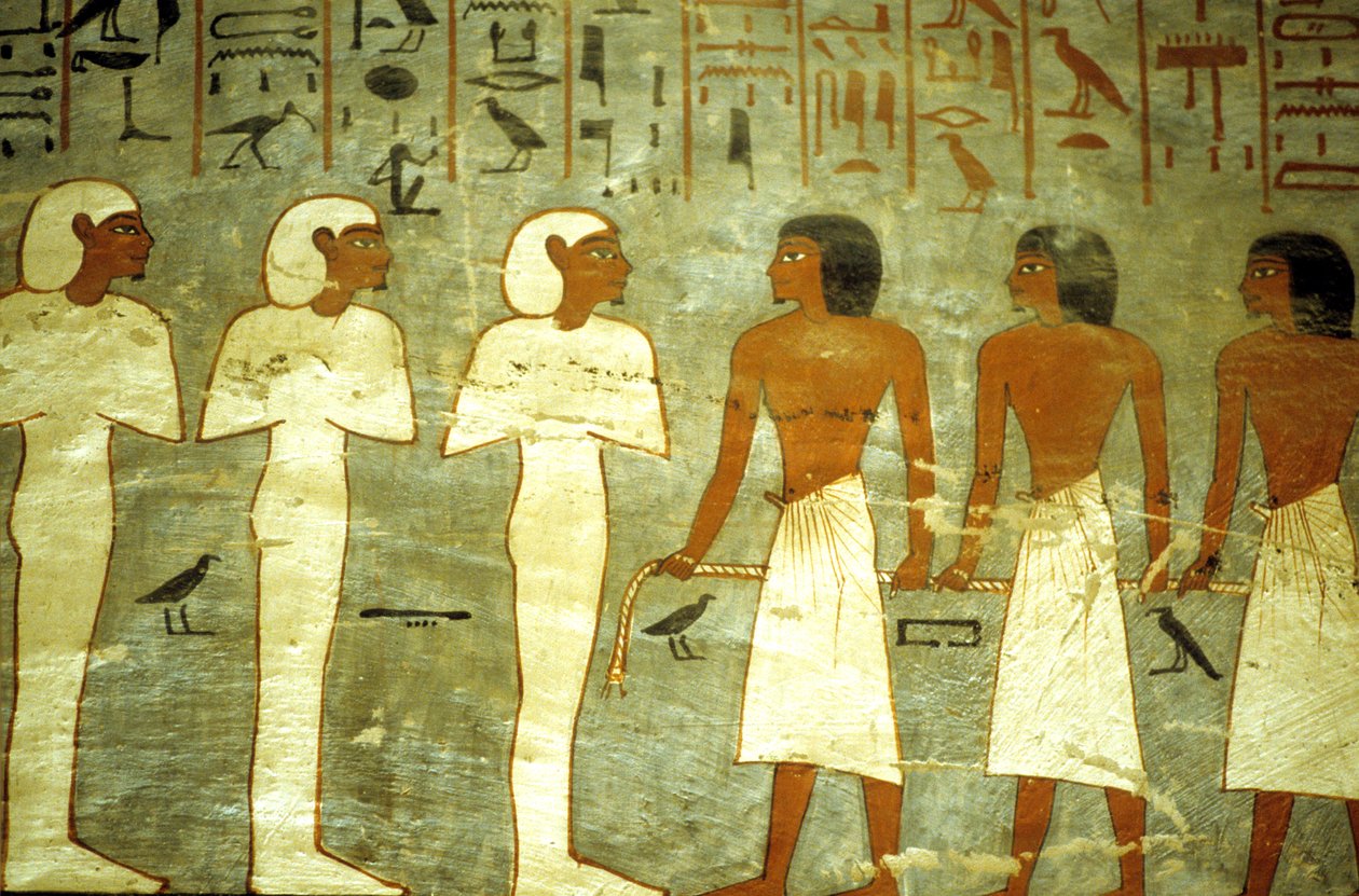 Starověký Egypt, Malba, Hrobka Ramesse I., Tři mumiformní bohové, tři bohové táhnoucí sluneční bárku od School Egyptian