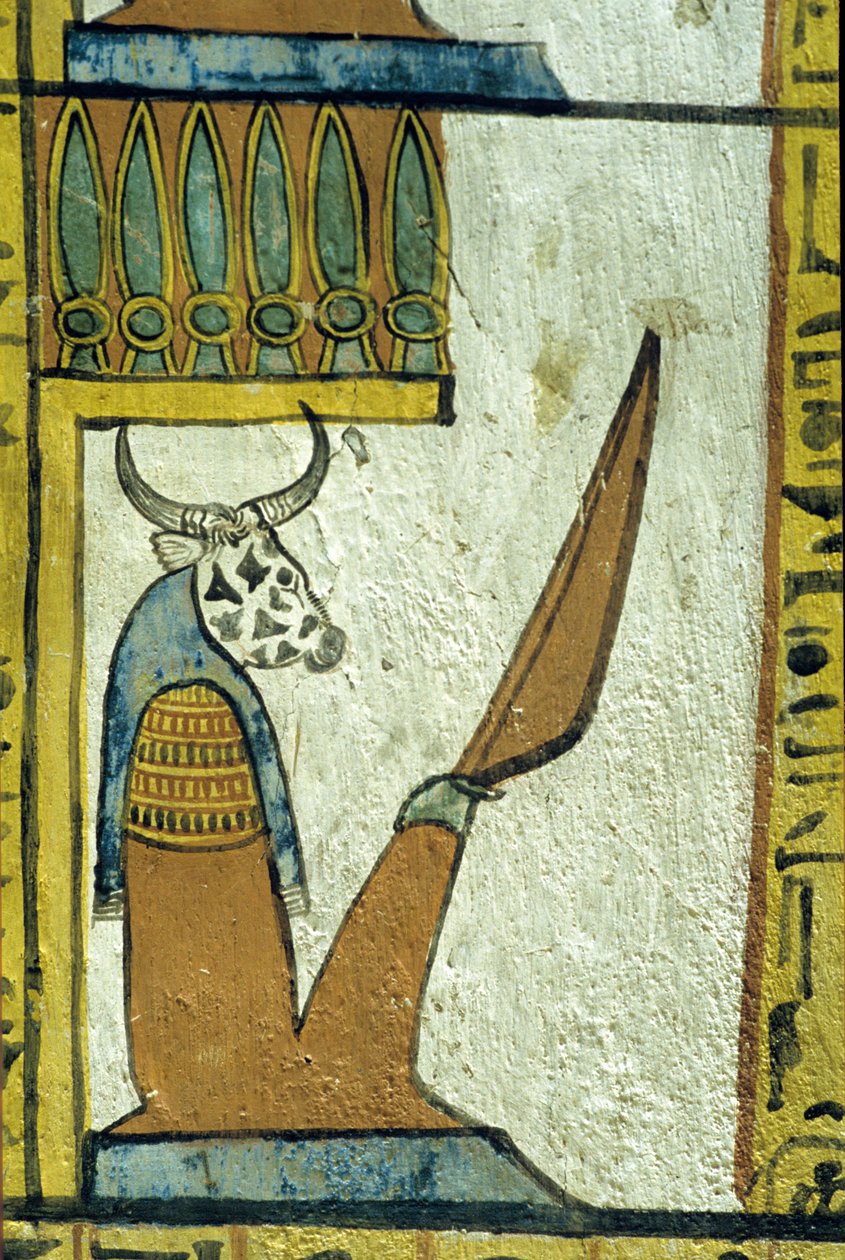 Starověký Egypt, Nástěnná malba, Bůh podsvětí s kravskou hlavou, Sennedjemova hrobka, Théby, Deir el Medina od School Egyptian