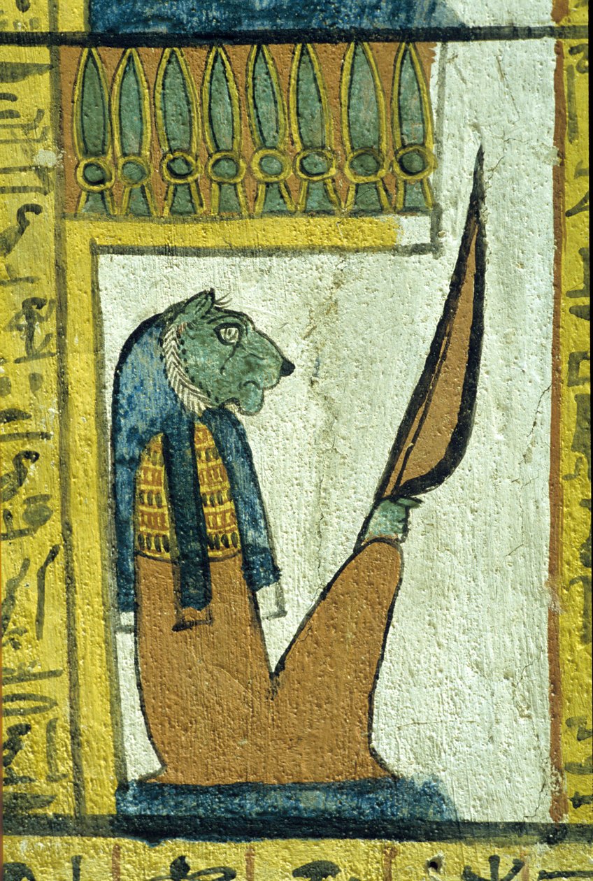 Starověký Egypt, Nástěnná malba, Bůh podsvětí se lví hlavou, Sennedjemská hrobka, Théby, Deir el Medina od School Egyptian