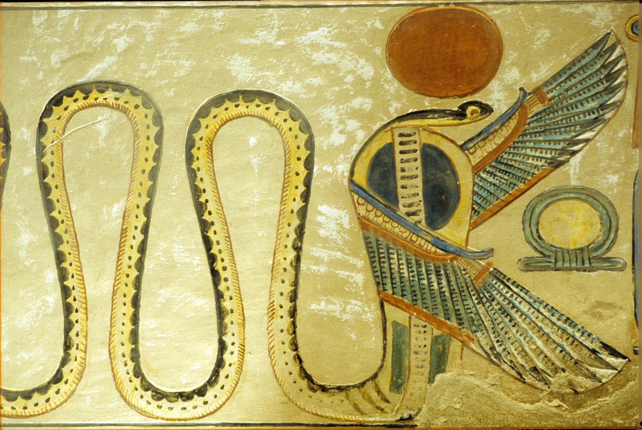 Starověký Egypt, Nástěnná malba, Amonova hrobka, Uraeus a okřídlení hadi střeží vchod do pohřební komory, 20. dynastie, Údolí královen (foto) od School Egyptian
