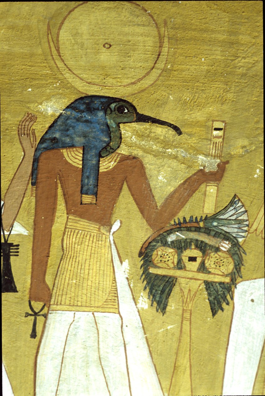 Starověký Egypt, Nástěnná malba Inherkhauova hrobka, Théby, Bůh Thoth představuje zemřelého Osirisovi, 20. dynastie, Bůh s hlavou ibise a měsíčním kotoučem (foto) od School Egyptian