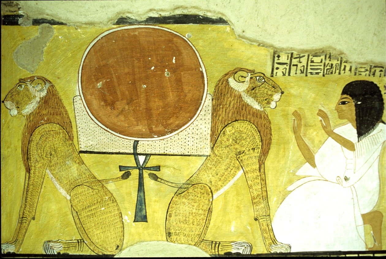 Starověký Egypt, Nástěnná malba Inherkhauova hrobka, Théby, Inherkhau adorující dva lvy, strážce dneška a zítřka, 20. dynastie (foto) od School Egyptian