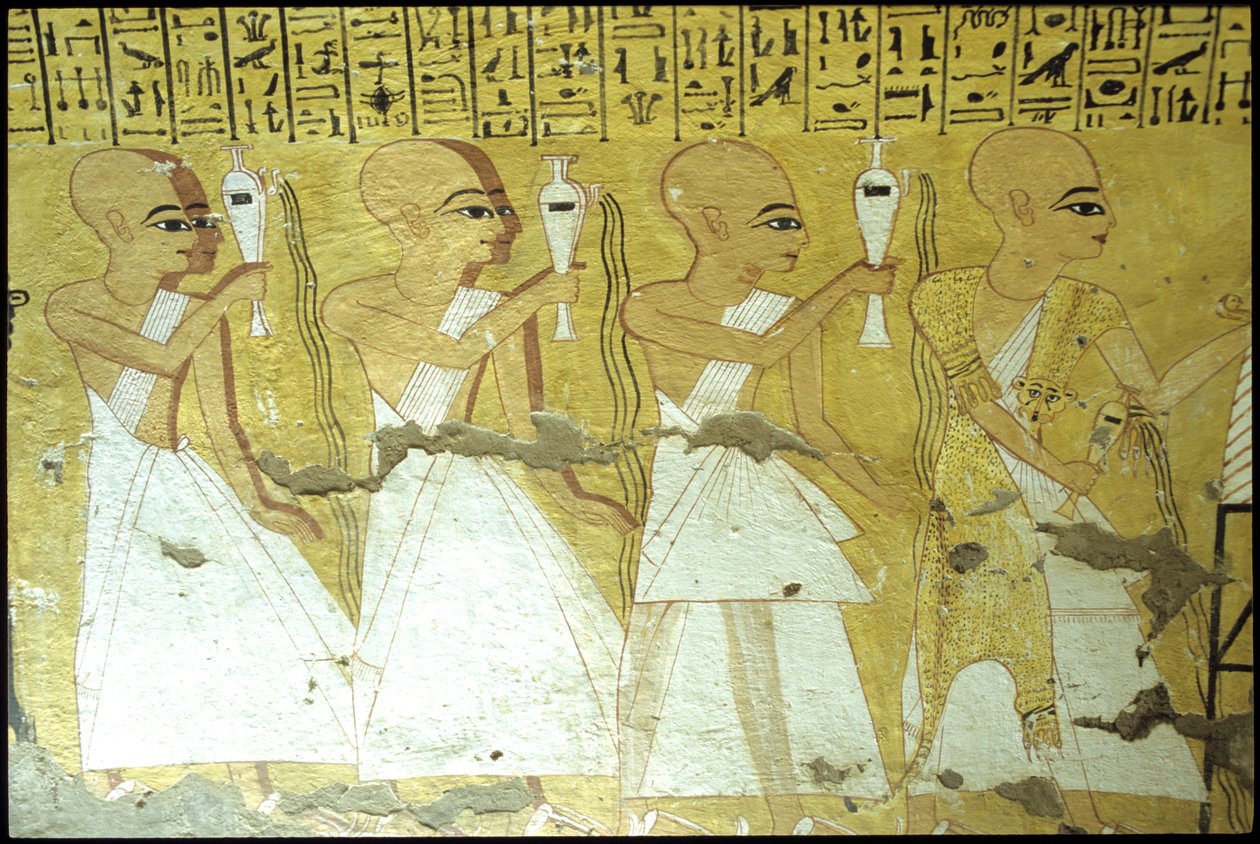 Starověký Egypt, Nástěnná malba Inherkhauova hrobka, Théby, Hrobka šlechticů, 20. dynastie, Kněží nalévající úlitby za Inherkhaua (foto) od School Egyptian