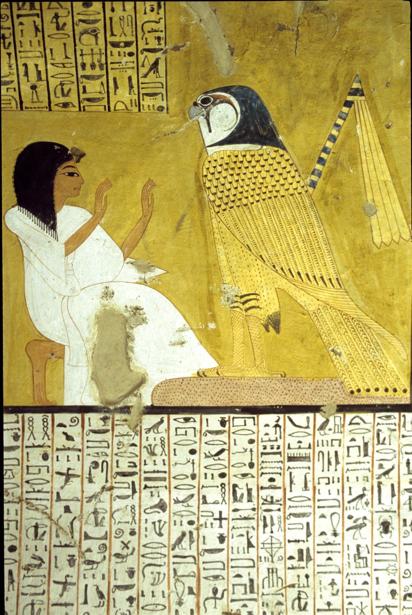Starověký Egypt, Nástěnná malba Inherkhauova hrobka, Théby, Hrobka šlechticů, 20. dynastie, Inkherhau uctívá Horova jestřába (foto) od School Egyptian
