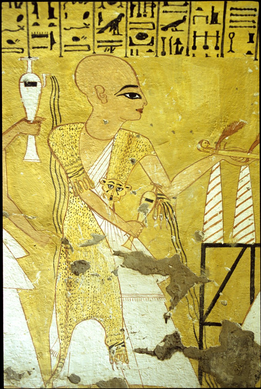 Starověký Egypt, Nástěnná malba Inherkhauova hrobka, Théby, Hrobka šlechticů, 20. dynastie, Kněz nalévající úlitbu za Inherkhaua (foto) od School Egyptian