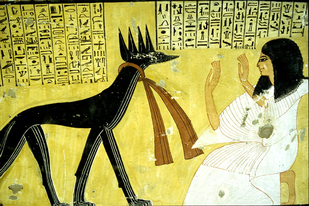 Starověký Egypt, Nástěnná malba Inherkhauova hrobka, Théby, Hrobka šlechticů, 20. dynastie, Inherkhau uctívá šakalí bohy (foto) od School Egyptian
