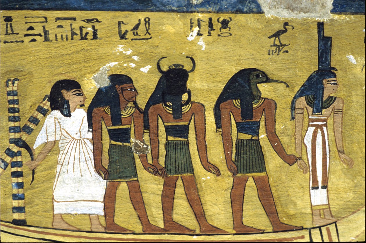 Starověký Egypt, Nástěnná malba Inherkhauova hrobka, Théby, Hrobka šlechticů, 20. dynastie, Inherkhau ve sluneční bárce s Isis, Thótem a Khefrim (foto) od School Egyptian