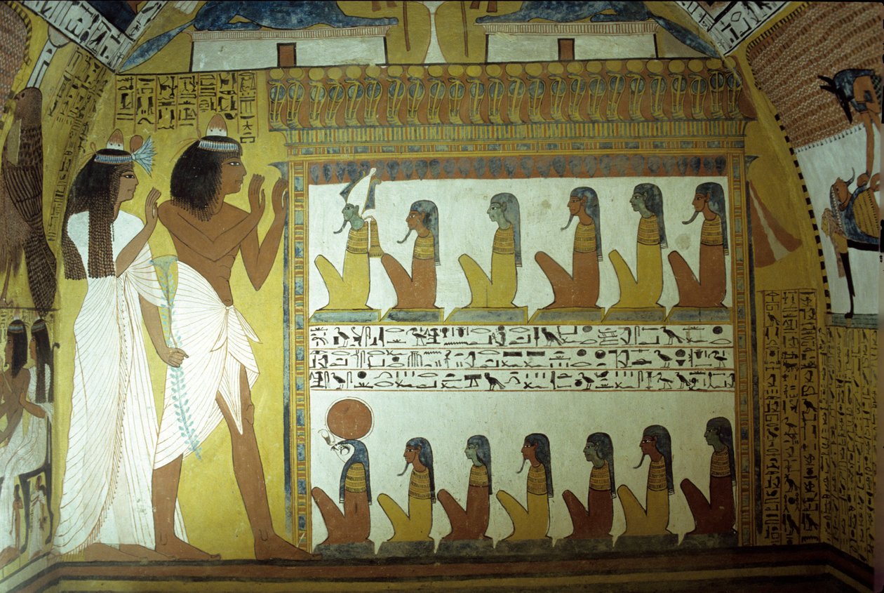 Starověký Egypt, Nástěnná malba, Sennedjemova hrobka, Zeď, Sennedjem a jeho žena uctívají bohy podsvětí, Osiris, Horus, Théby, Deir el Medina od School Egyptian