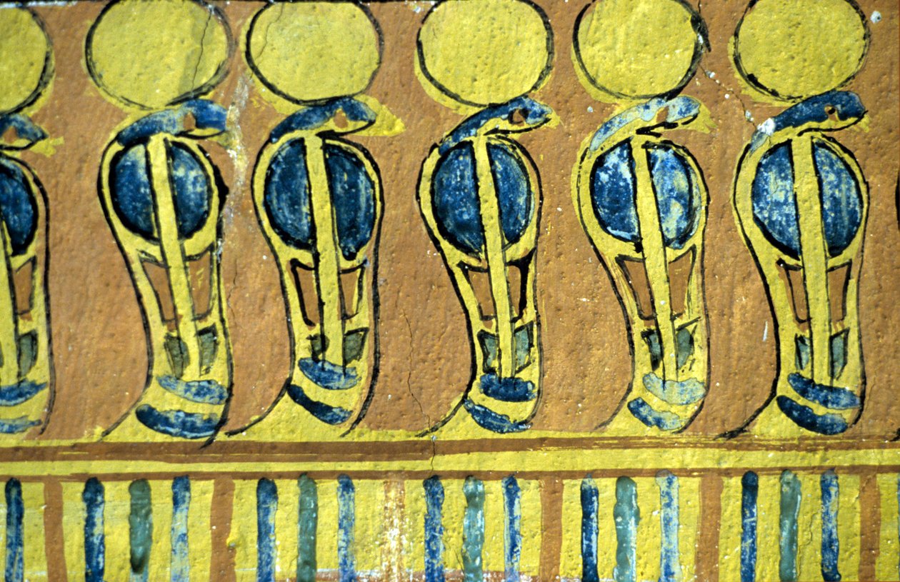 Starověký Egypt, Nástěnná malba, Uraeovi hadi střežící Osirisovu svatyni, Sennedjemova hrobka, Théby, Deir el Medna od School Egyptian