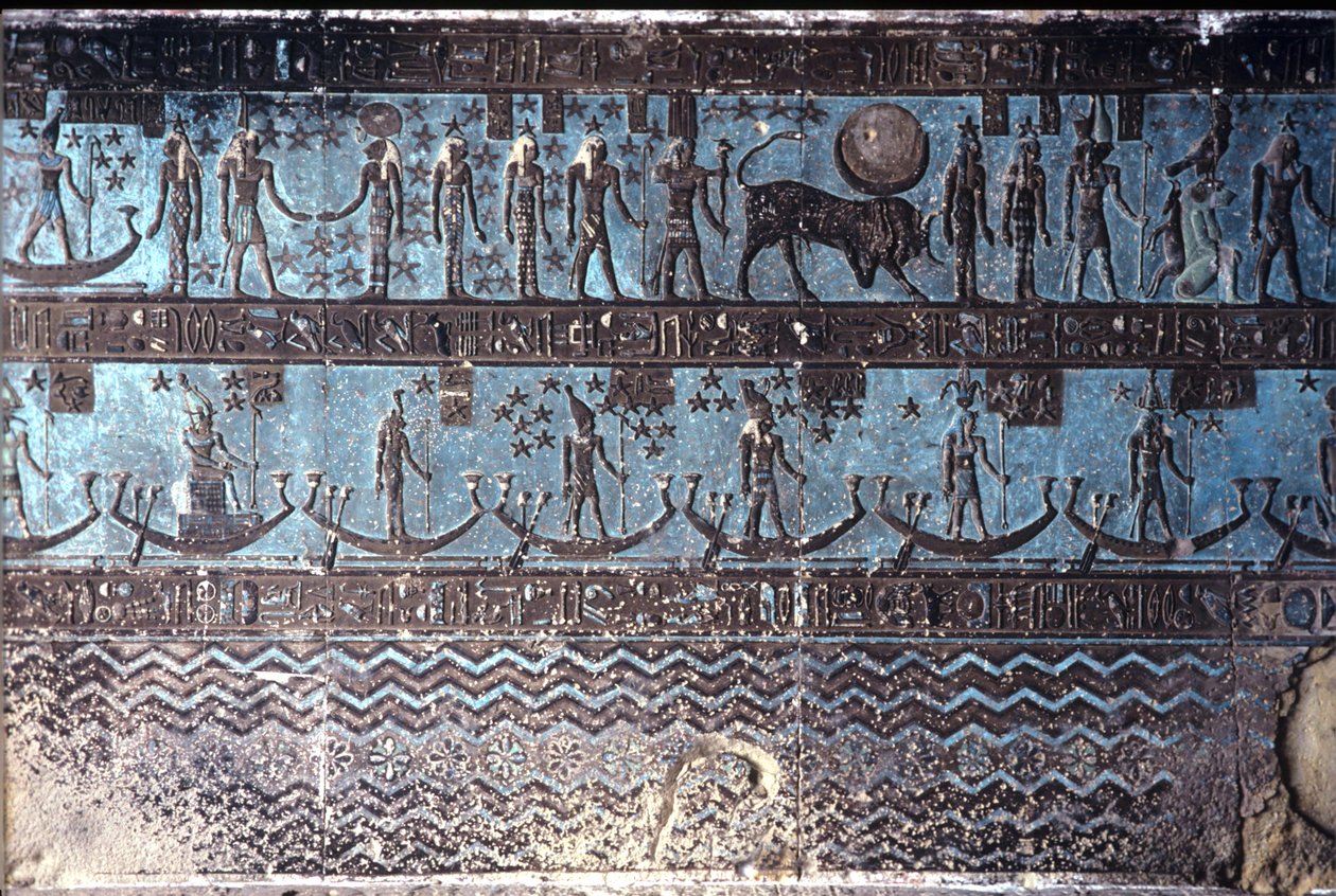 Starověký Egypt, Nástěnná malba/řezba, Astrologické symboly ze stropu vnější hypostylové síně, Hathořin chrám, Dendera (foto) od School Egyptian