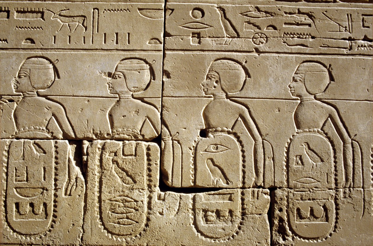 Starověký Egypt, Nástěnná malba/řezba, Karnak/Luxor Pylon Six, Část seznamu jižních a syrských kmenů, které si podrobila armáda Tutmose III, Chrám v Karnaku, Luxor od School Egyptian