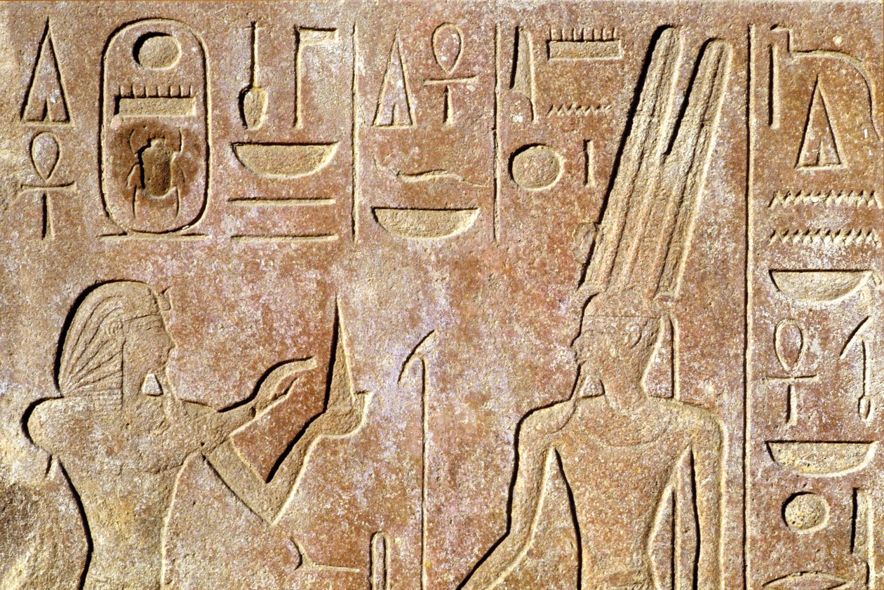 Starověký Egypt, Nástěnná malba/řezba, Chrám v Karnaku/Luxoru, Hatšepsut nabízí chléb Amonu Raovi od School Egyptian