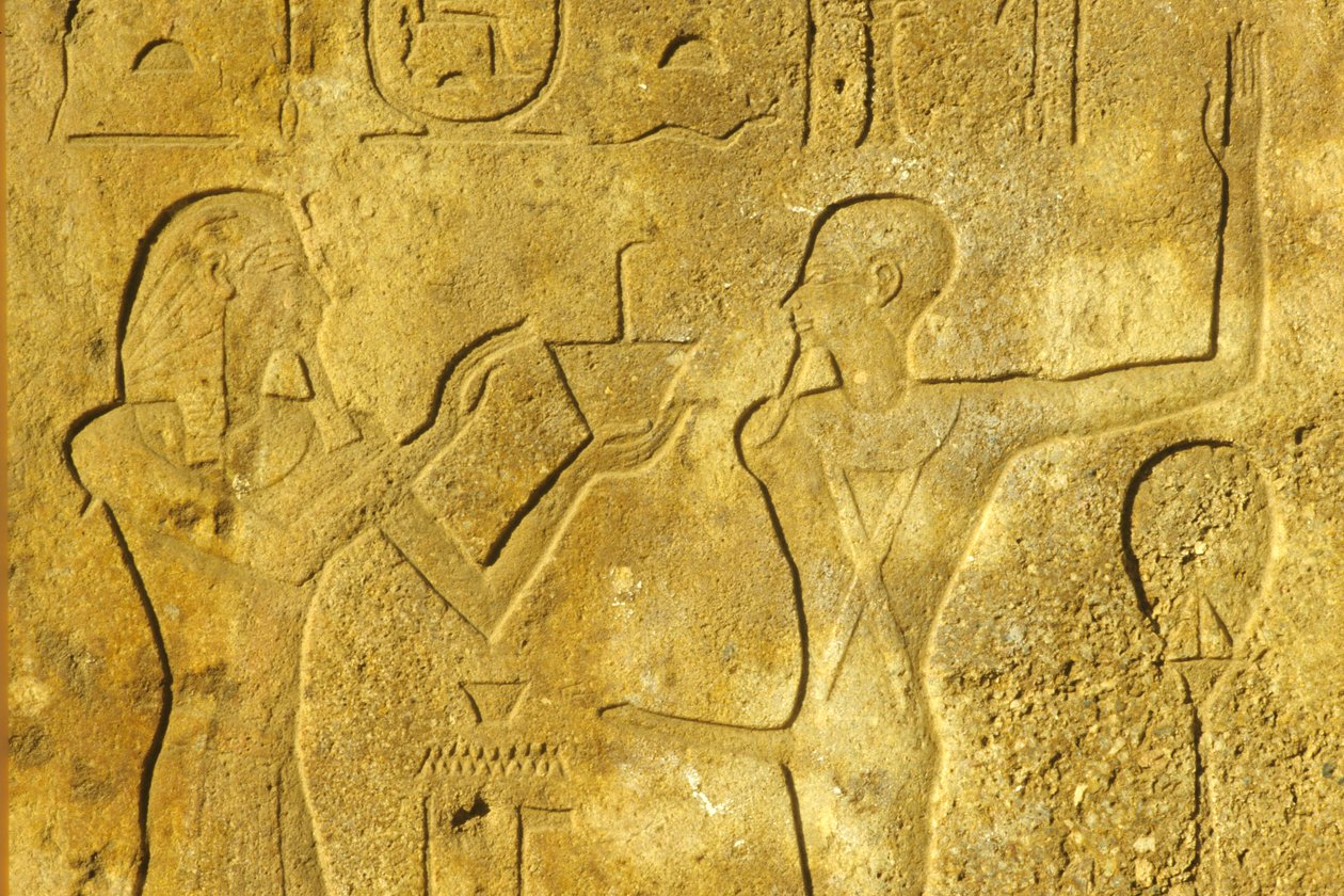 Starověký Egypt, Nástěnná malba/řezba, Chrám Karnak/Luxor, Hatšepsut nabízí kadidlo bohu Minovi od School Egyptian