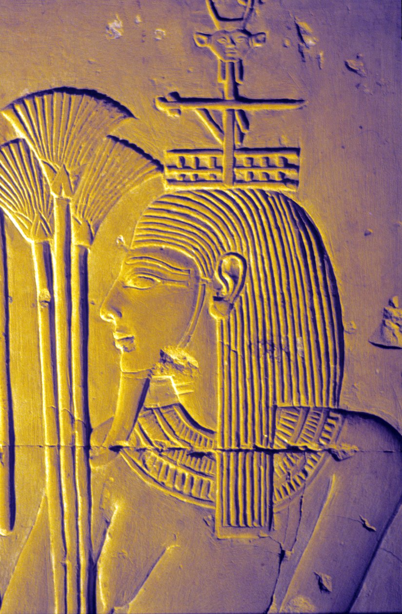 Starověký Egypt, Nástěnná malba/řezba, Bůh Nilu přináší obětiny z lotosových květů, Chrám Setiho I., Abydos od School Egyptian