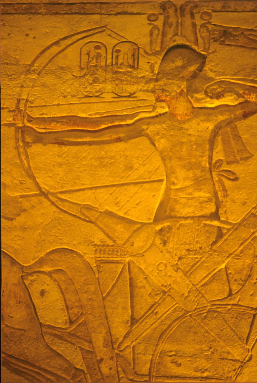 Starověký Egypt, Nástěnná malba/řezba, Ramesse II. na voze v bitvě u Kadeše, Chrám Ramesse II. a Nefertari, Abú Simbel od School Egyptian