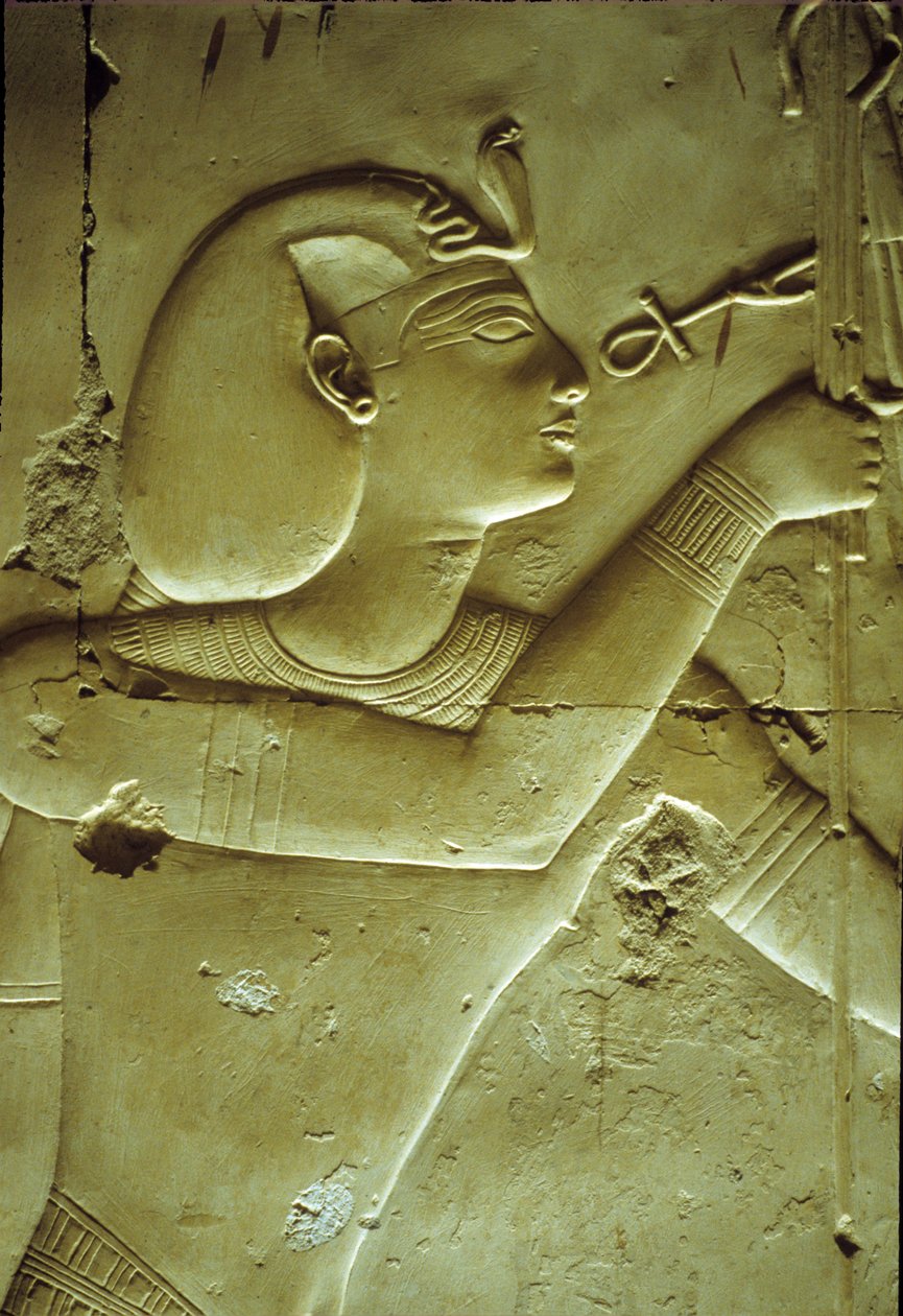 Starověký Egypt, Nástěnná malba/řezba, Seti I. přijímající život, symbolizovaný kotníkem, Chrám Setiho I., Abydos od School Egyptian