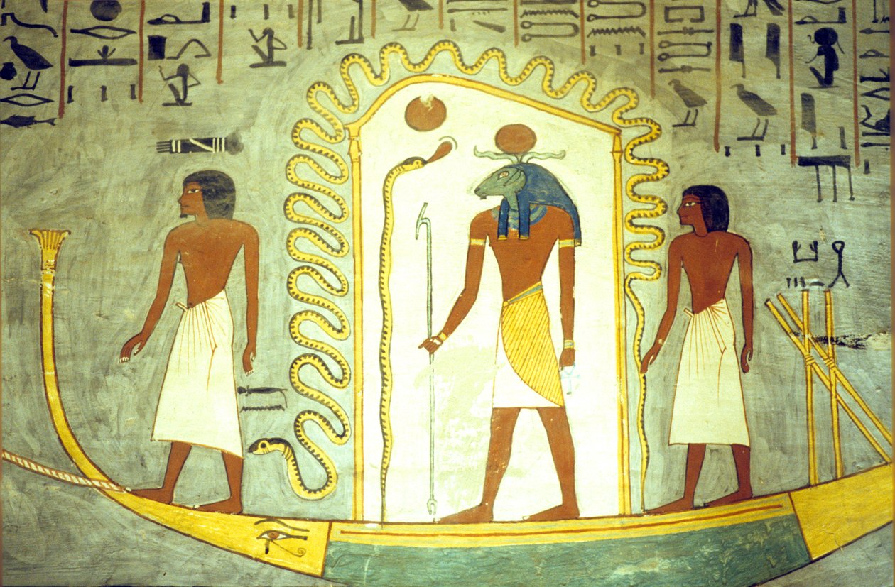 Starověký Egypt, Nástěnná malba/řezba, Hrobka Ramesse I., Théby, Bárka Amona Ra tažená podsvětím (foto) od School Egyptian