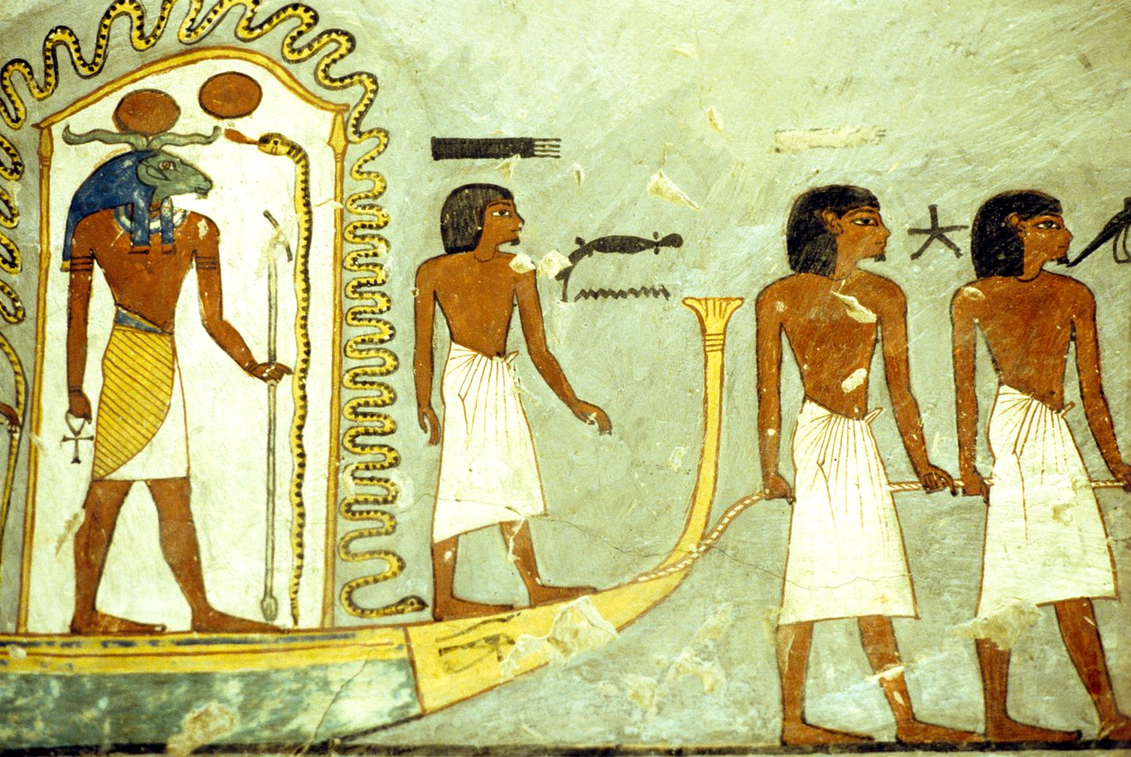 Starověký Egypt, Nástěnná malba/řezba, Cesta podsvětím loď tažená muži, Hrobka Ramesse I., Théby od School Egyptian