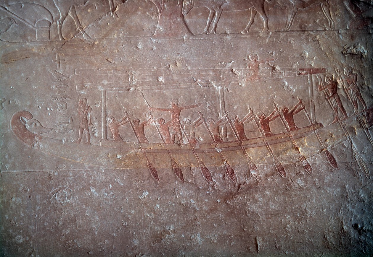 Starověký Egypt: vápencový reliéf představující kánoi z kaple Mastaba v Akhethetepu, kolem roku 2300 před naším letopočtem. 5. dynastie. Staré impérium. Ze Sakkáry (Sakkara). Paříž, muzeum Louvre od School Egyptian
