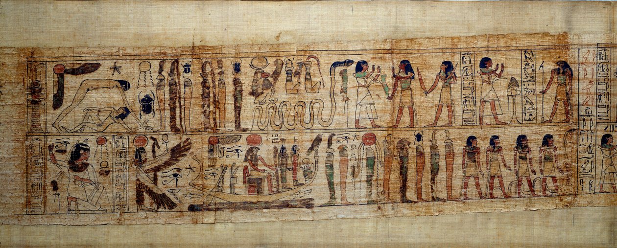 Starověký egyptský mytologický papyrus Serimen. Navrch: při stvoření světa je bůh Geb (Země) oddělen od bohyně Nout (nebe); bohové a džinové od nynějška. Níže: Serimen vzdává hold slunci, které zaplavuje jeho ra od School Egyptian