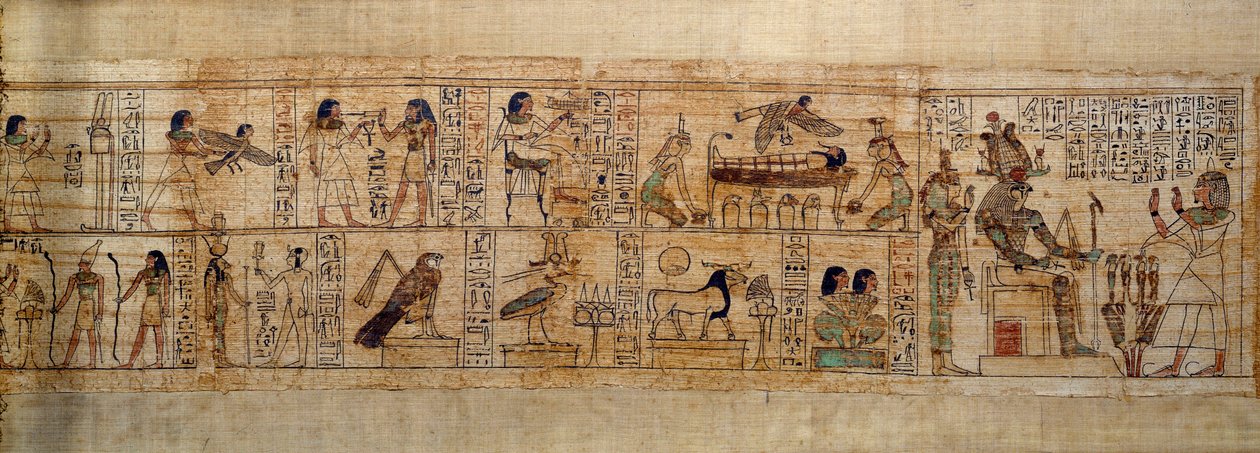 Starověký egyptský mytologický papyrus Serimen. Nahoře: Serimen miluje boha Osirise reprezentovaného svým emblémem ve městě Abydos. Duše mrtvého v podobě ptáka letí nad jeho mumií, kterou sledují bohyně Isis (vlevo) a Nephtys (vpravo od School Egyptian