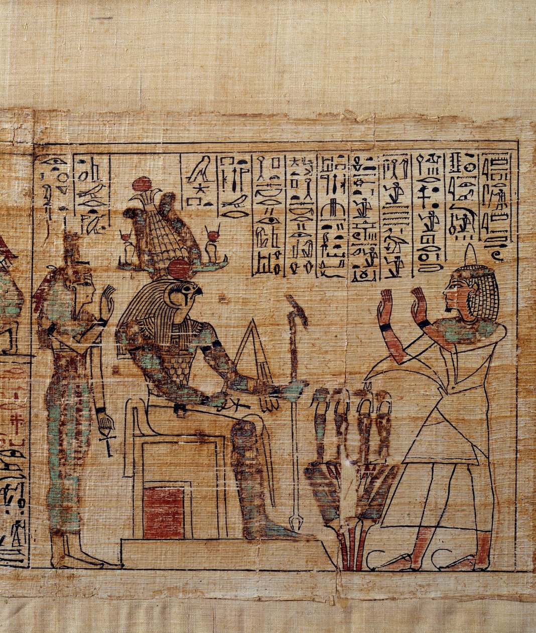 Umění starověkého Egypta: Mytologický papyrus Serimen. serimen v uctívání před bohem ptah-sokar-osiris následovaným Isis. Rukopis 21. dynastie (asi 1069-945), třetí meziobdobí (asi 1069-664 př. Kr.). Malování. od School Egyptian