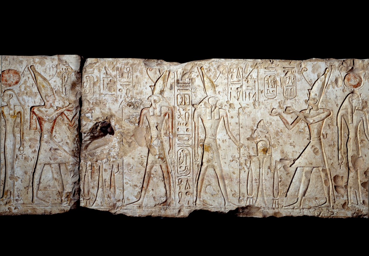 Umění starověkého Egypta: Ramses II obětuje Osirisovi. Nízký reliéf ve vápenci z Abydu (1279-1213 př. n. l.) 19. dynastie. Nová Říše. Paříž, Musee du Louvre od School Egyptian