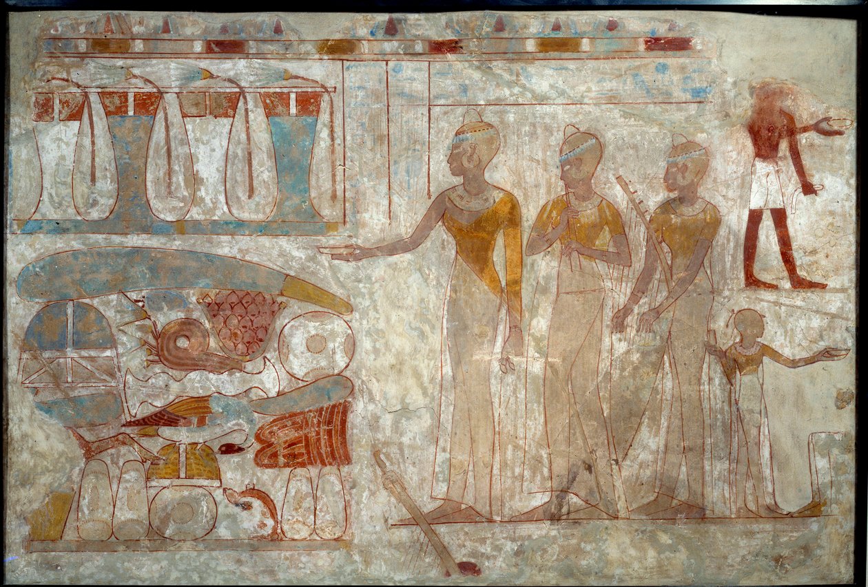 Umění starověkého Egypta: hudebníci na banketu. Malba na bahně (kolem 1400 př. Kr.). od School Egyptian