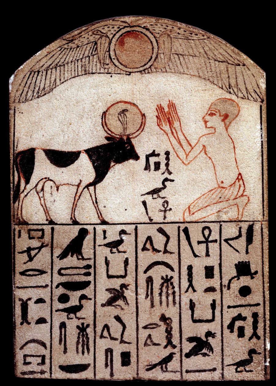 Starověké umění: stéla Serapeum (malovaný vápenec). Klanění Boha Apise. Malovaná vápencová socha, nízké období (664-332 př.nl), Egypt. Paříž, Musee du Louvre od School Egyptian