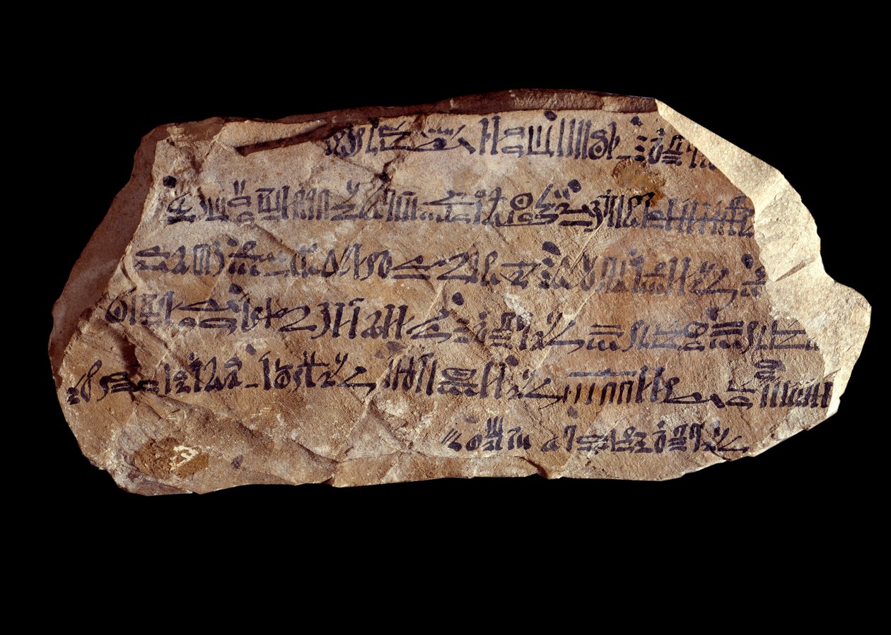 Umění starověkého Egypta: ostrakon (nebo ostracon) (množné číslo: ostraca nebo ostraka) hieratic (střepy keramiky, na kterých jsou napsány posvátné věci). Nová egyptská říše. Paříž, Musee du Louvre od School Egyptian